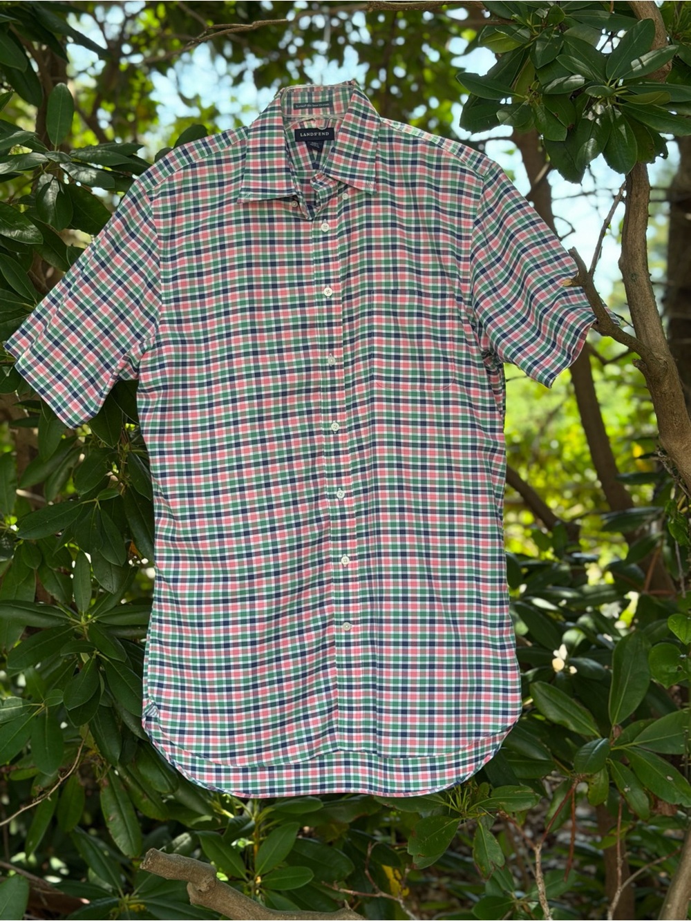 Lands' End Short-Sleeve Plaid Button-Down Shirt - Green, Red, White-16 Tall